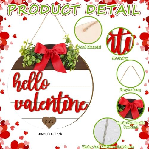 Boao Hello Valentine's Day Wooden Hanging Sign Farmhouse Door Decor