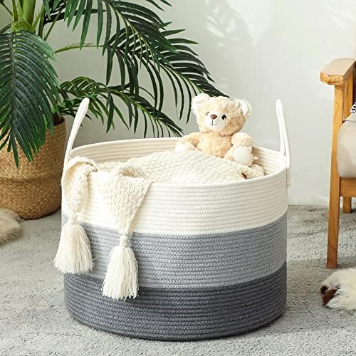KAKAMAY Large Blanket Basket (20"x13"),Woven Baskets for storage Baby Laundry Hamper,Cotton Rope Blanket Basket for