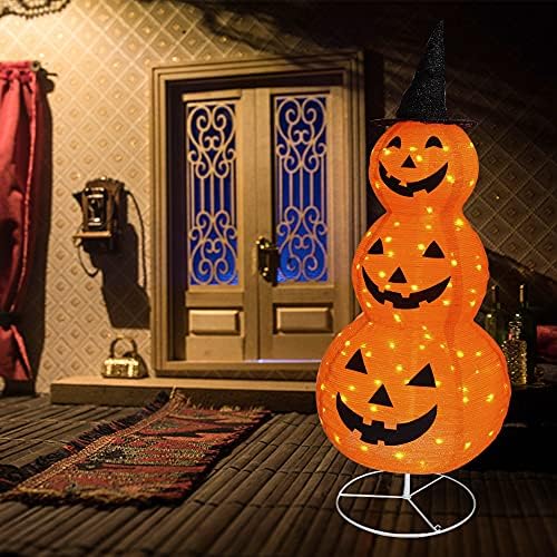 FUNPENY Halloween Collapsible Pumpkin Decorations, Pre-Lit Light Up Pumpkin with Hat, Pop Up Jack-o-Lantern with Metal Stand for Indoor Outdoor Yard Holiday Decor (5FT Pumpkin)