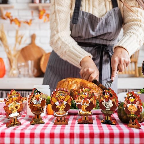 DoubleFill 6 Pcs Thanksgiving Turkey Decorations Wooden Turkey Table Centerpieces Fall Tiered Tray Decor Thanksgiving Standing Wooden Block Signs for Home Kitchen Tabletop Shelf Autumn Harvest Party