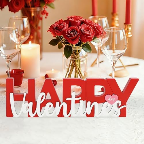 COCHIE Wooden Happy Valentine's Day Sign, Valentine Decorations for Home, Office, Shelf, Mantel, Indoor, Wood Heart Decor, Red Pink Table Top Party Decoration (Valentines)