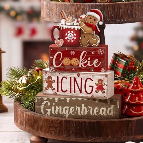 Moucuny 4 Pcs Christmas Table Decor Wooden Gingerbread Cocoa Block Signs