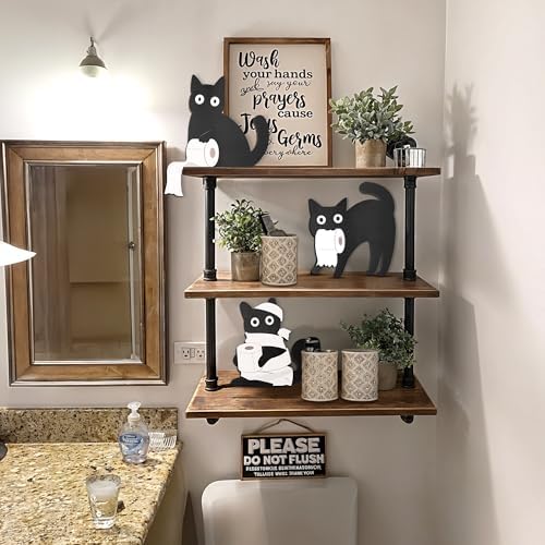 Dripykiaa Funny Black Cat Bathroom Decor Set, 3 Pcs Wooden Cats