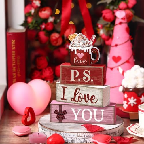 Lineshading 4 Pcs Wooden Block Signs, P.S. I Love You Tiered Tray Decor
