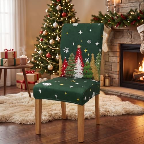 Christmas Chair Covers Set of 4, Xmas Tree Dining Chair Slipcovers,Elastic Removable Washable Dining Parsons Chair Protectors,Christmas Decor for Home Green