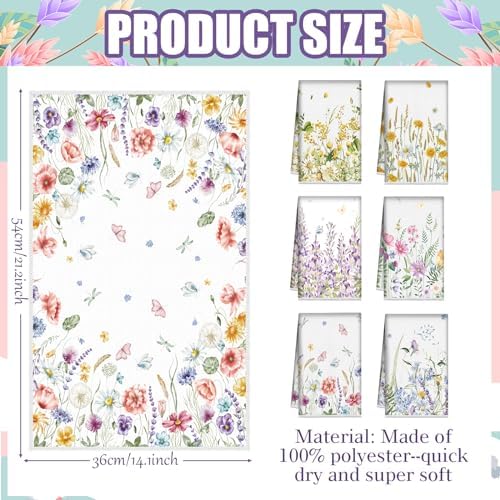 Redbaker 6 Pcs Wildflower Kitchen Towels Floral Butterfly Dish Cloth Set