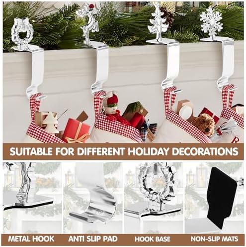 Christmas Stocking Holders for Mantle Set 4, Upgrade Stable Non-Slip Fireplace Stocking Holder, Metal Stocking Hangers for Mantle, Mantel Stocking Holders Clip for Xmas Party Decoration (Silver)