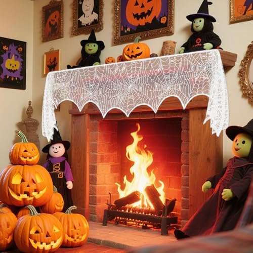 Halloween Decorations White Lace Spiderweb Fireplace Mantle Scarf Cover(19x99 Inch) Indoor Outdoor Spider Web Netting Spooky Haunted House Home Room Bedroom Table Wall Decor Party Favors Supplies