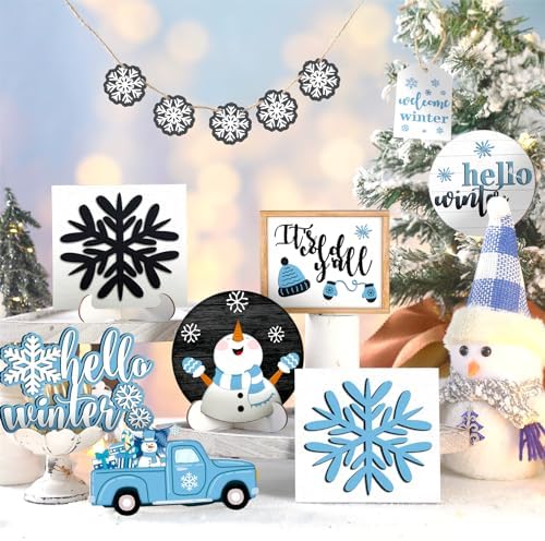 FairySandy 15 Pcs Winter Tiered Tray Decor Snowman Snowflakes Wooden Signs