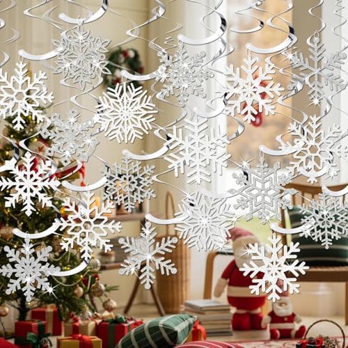 Snowflake Decorations, Christmas Hanging Decor, White Silver, 30-Pc