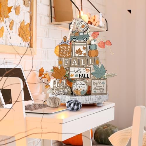 DoubleFill 21 Pcs Fall Tiered Tray Decoration Set Autumn Table Sign
