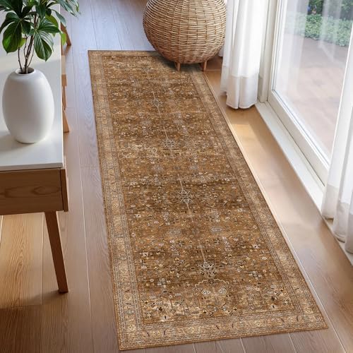 Washable Area Rug 2'6'' x 8' Vintage Traditional Persian Mat - Foldable Distressed Non-Slip Machine Washable Carpet for
