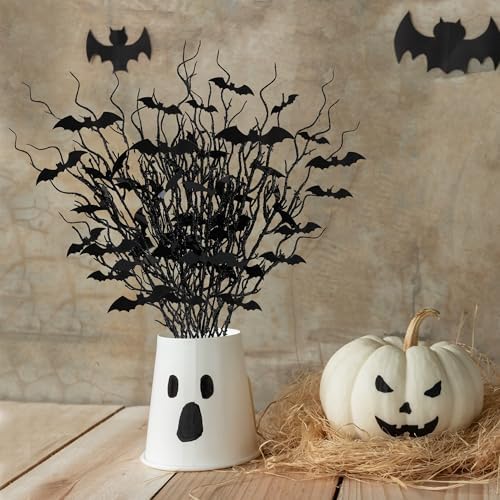 Sggvecsy 15 Pcs Artificial Halloween Glitter Stem with Black Bats Faux Picks Curly Willow Branches Decorative Glitter Sticks Twigs for Halloween DIY Crafts Festival Home Decoration