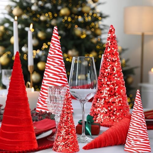 6 Pcs 12" 10" 6" Christmas Red White Velet Cone Tree Decoration Christmas Glitter Table Tree Farmhouse Tree Tiered Tray Ornament Xmas Tree for Home Holiday Entryway Tabletop Tree Centerpiece Decor