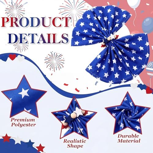 Qinyoung 8 Sets Patriotic Cloth Napkin and Star Napkins Rings 4th of July Wooden Red White and Blue Napkin Ring Holder 250th Anniversary Veterans Day Election Independence Day Table Decoration