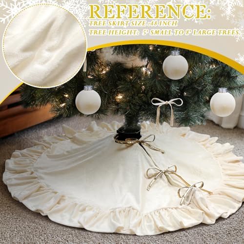 Velvet Christmas Tree Skirt, 48 Inches, Bow Style, Ivory White