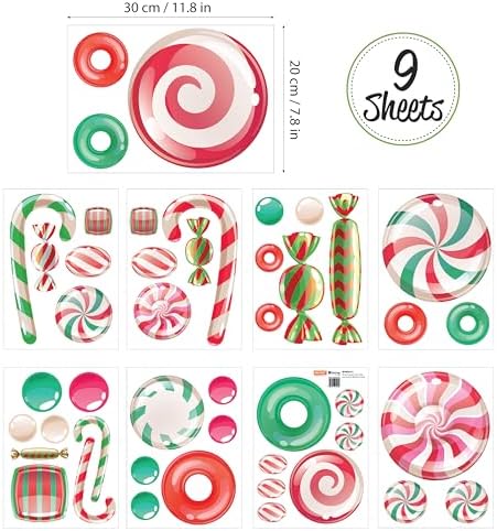 WALPLUS Christmas Window Clings Christmas Decorations Clearance Christmas Wall Sticker Double-Sided Reusable Peel and Stick Removable for Glass Living Room Xmas Peppermint Candy and Sweets 46 Pieces