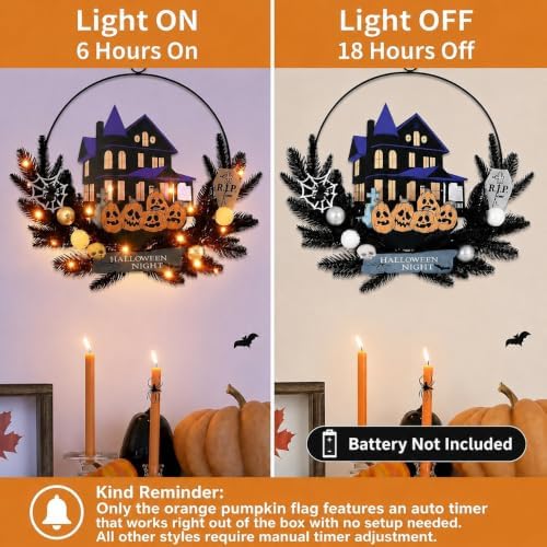Pre-Lit Halloween Wreath for Front Door, Lighted Pumpkin with 6H On/18H Off