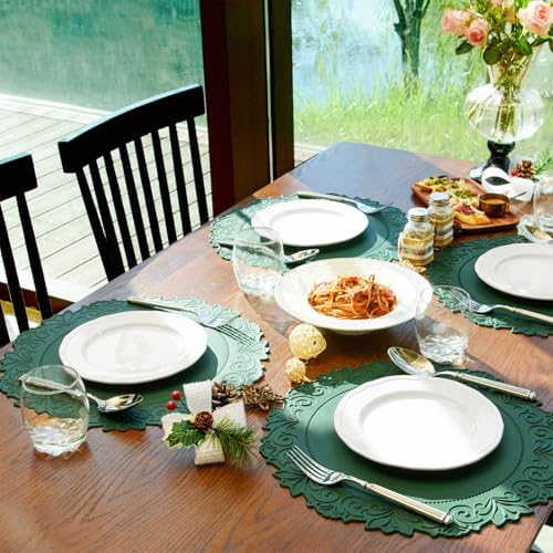 Round Faux Leather Placemats Set of 6, Dining Table Mats, Green