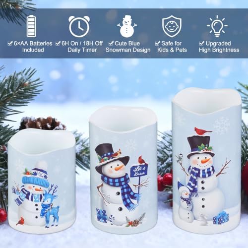 Blue Snowman Christmas Battery Operated Flameless Flickering LED Candles