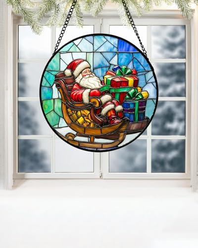 Christmas Jolly Santa Stained Glass Window Hanging Suncatcher Gifts 15"