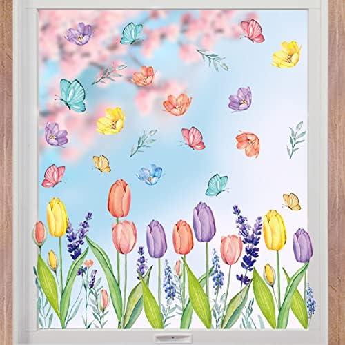 Horaldaily 67 PCS Spring Summer Window Cling Sticker, Tulip Butterfly Flower Decal for Home Party Supplies Shop Glass Display Decoration