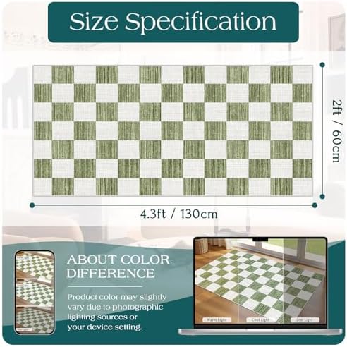 Front Door Mat Indoor Entrance - 2x4.3 Ft Green White Checkered Rug