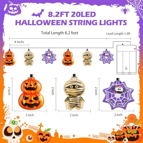 20 LED Pumpkin Cobweb Mummy Battery String Lights for Halloween Decorations