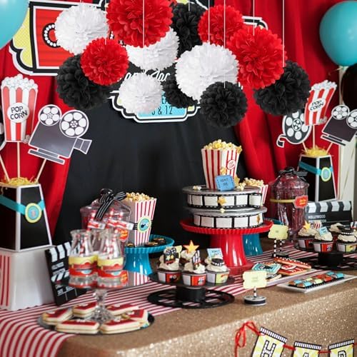 18 PCS Tissue Paper Pom Poms, Tissue Paper Flowers, Sizes of 6", 10", 12", 14" Bachelorette Paper Flower Party Decor for Wedding, Birthday, Fiesta Stranger, Baby Showers (Black Red White)