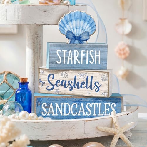 Moucuny 4 Pcs Beach Wooden Signs Table Decor with Shell, Tiered Tray
