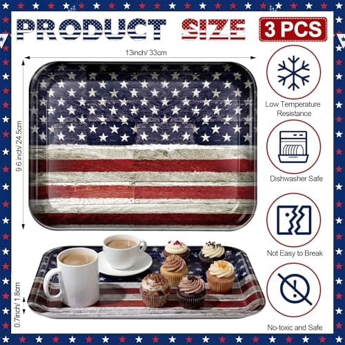 Vesici 3 Pcs Patriotic Serving Trays 13 x 10 Inch 4th of July American Flag Melamine Platters Red White Blue Reusable Rectangular Serving Dish for Independence Day Sharing Snack Fruit Dessert Candy