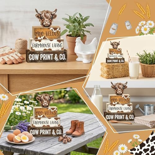 Britimes Tiered Tray Decor Set, 4 Pack, Wooden Table Sign, Highland Cow