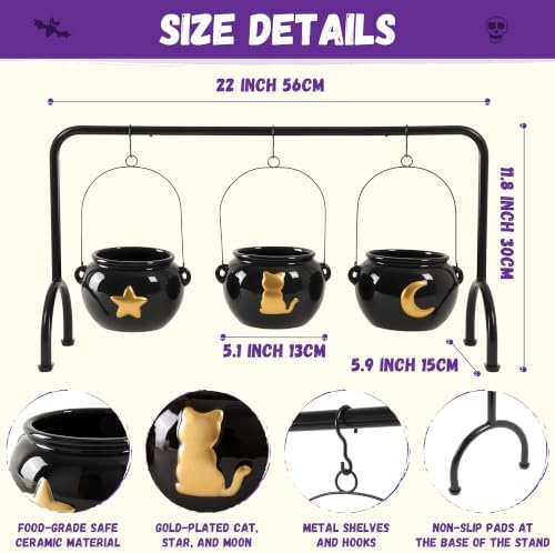 Halloween Party Decorations, 3 Pack Ceramic Witches Cauldron Bowls on Rack