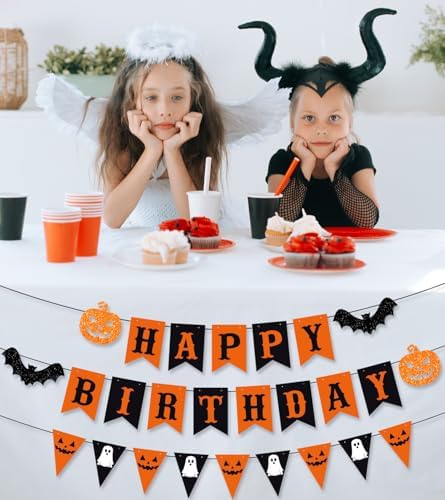 PTFNY Halloween Birthday Banner with Pumpkin and Bat Signs - Black & Orange Themed Party Decor for Wall & Fireplace