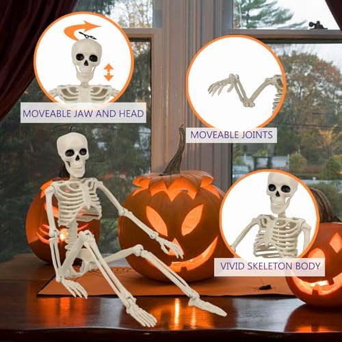 6PCS Skeleton Halloween Decorations, 16" Full Skull Body with Movable Joint