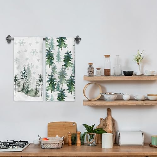 Winter Decor Green Tree Snow Christmas Kitchen Towels,16x24 Inches Set of 2,Tea Towels Dish Towels Hand Towels for Home Kitchen Farmhouse Bathroom Decor.(028)