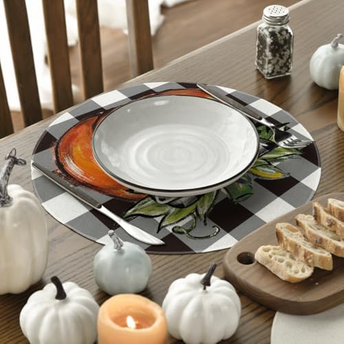 Artoid Mode Buffalo Plaid Pumpkin Fall Round Placemats Set of 4, 14 Inch Round Table Mats for Dining Decoration