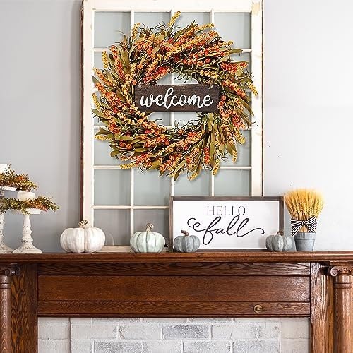 Sggvecsy Artificial Fall Wreath - 22'' Autumn Front Door Wreath with Harvest Foam Leaves, Small Pumpkins for Outside, Indoor Wall, Window Festival, Thanksgiving Decor