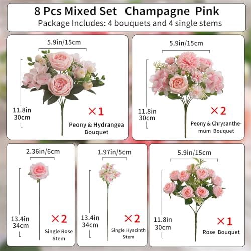 8 Pcs Mixed Artificial Peony Flowers Set-4 Bouquets & 4 Stems, Pink Fake Peony Rose Hydrangea Flowers for Vase Silk Floral Arrangements for Table Centerpiece Wedding Party Bridal Decoration Home Decor