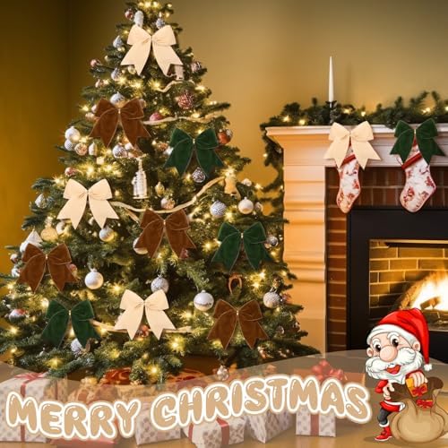 Janinka 12 Pcs Christmas Velvet Bows Milky White Brown Green 6 Inch