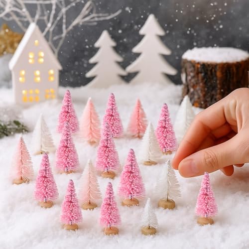 Sumind 48 Pcs 1.78 Inch Mini Bottle Brush Christmas Trees Pink White