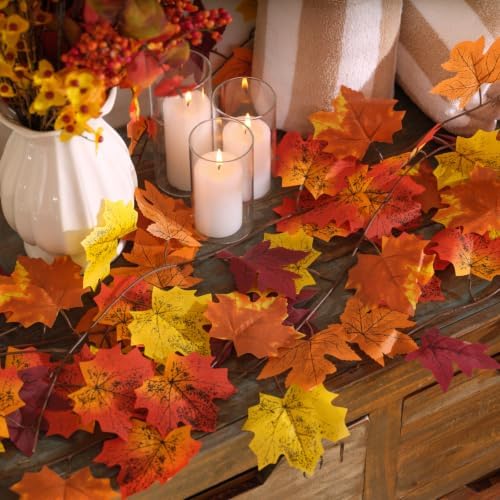CQURE 9 Pack Fall Leaf Garland, Total 70 Ft Artificial Fall Maple Leaves Autumn Vines Garland Thanksgiving Decor for Home Fireplace Party