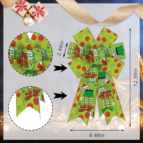 Estivaux 2 Pieces Christmas Bows for Wreath, Merry Christmas Wreath Bows Green Burlap Bows Xmas Gnomes Craft Bows Ornaments Winter Tree Bows for Front Door Christmas New Year Decorations