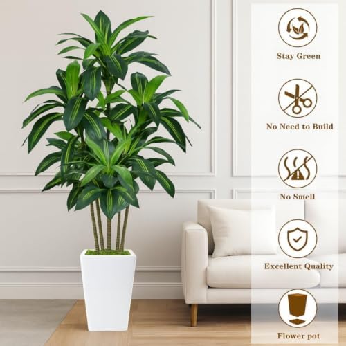 Flydeer 7FT Artificial Dracaena Tree with Tall White Planter, Floor Plant