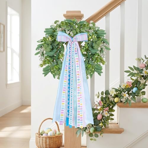 Wreath Sash Ribbon Bow Blue Bows Bunny Egg Wreath Bow Clip-On Wreath Sash for Front Door Spring Holiday Wreath Wall Indoor Outdoor Party Holiday Decorations