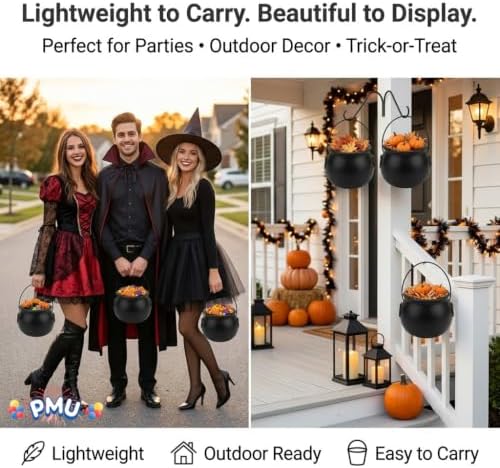 PMU 3 Pcs Halloween Small Cauldron 6 Inch Witch and Wizard Trick or Treat Blow Mold Plastic Candy Basket Black Cauldron for Home Decoration and Halloween Party Favors