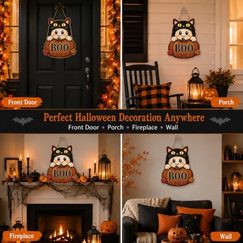 Halloween Door Sign Cute Ghost Wear a Black Cat Hat Pumpkin BOO Decor