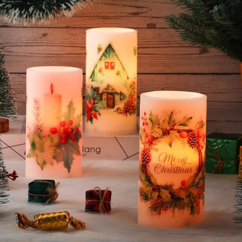 Retisee 3 Pcs Farmhouse Christmas Flameless LED Candles with Remote