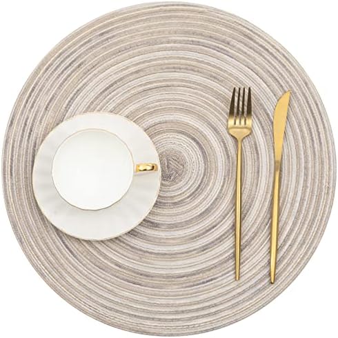 SHACOS Round Braided Placemats 15 inch Set of 6 Washable Kitchen Table Placemats for Home Wedding Party (Rainbow Gray, 6)