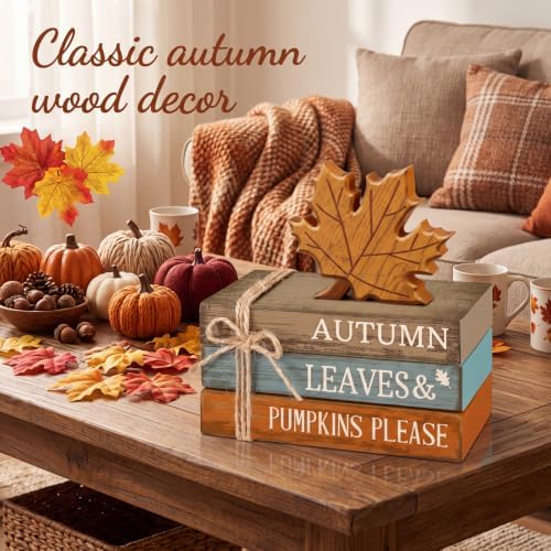 4 Pcs Fall Decorations for Home, Maple Leaf Book Stack Block Sign